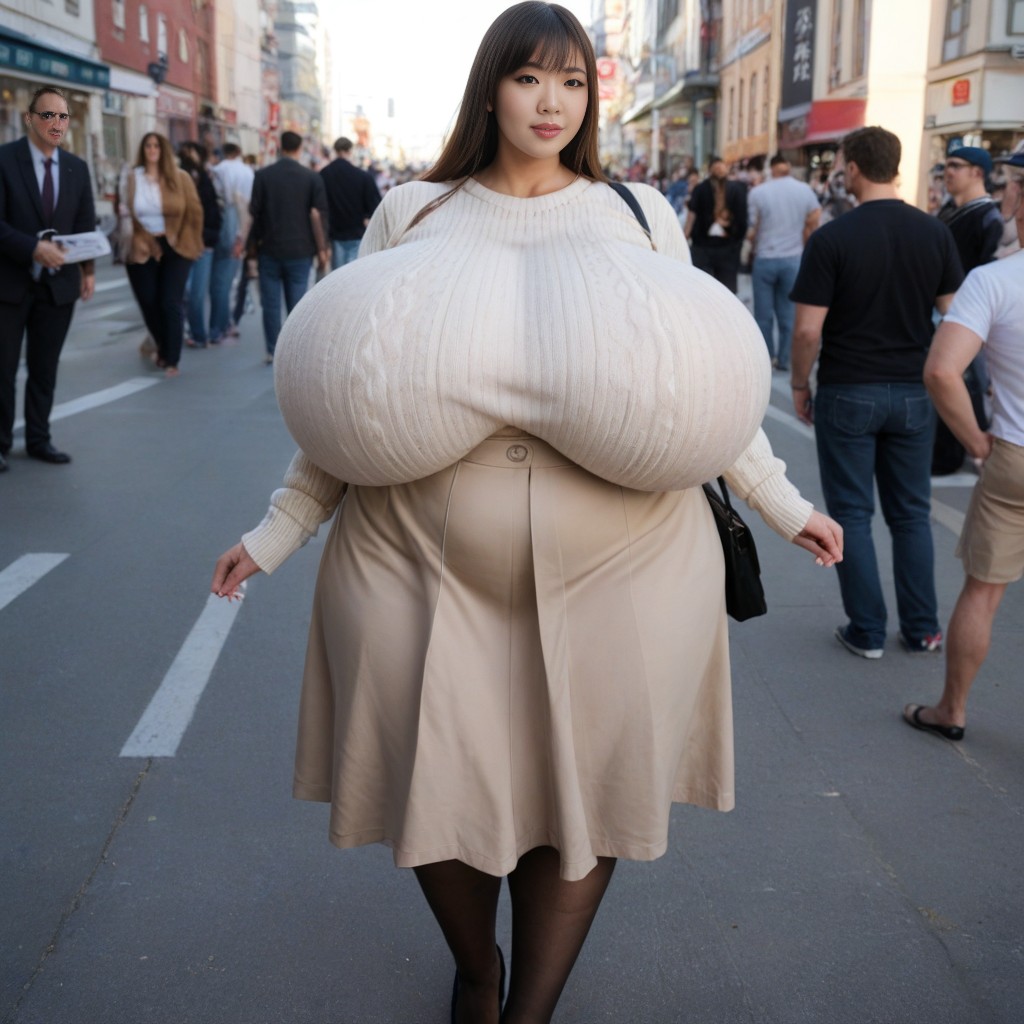 Fully Clothed, Extreme Huge Massive Hyper Breasts, Gigantic Breasts Reaches The Thighs AI Porn