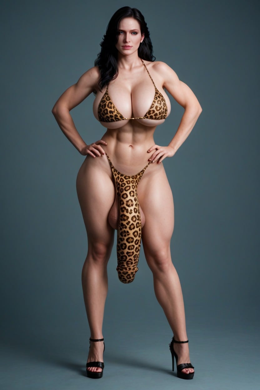 Big Cock Bulge, Hyper Bulge, Leopard Print Bikini Shemale AI Porn