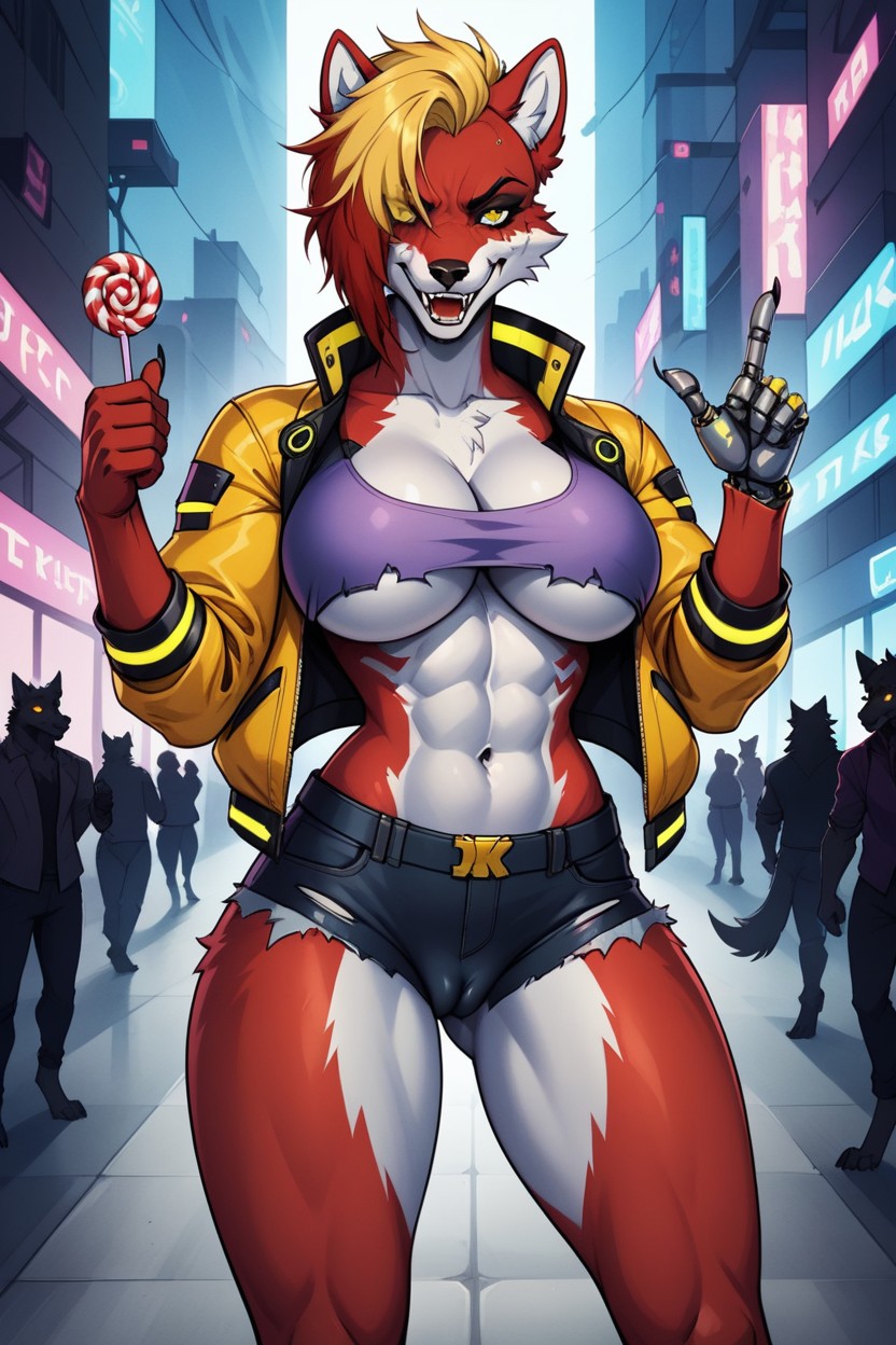 Large Breasts, Werewolf, Torn Purple Crop Top Furry AI Porn