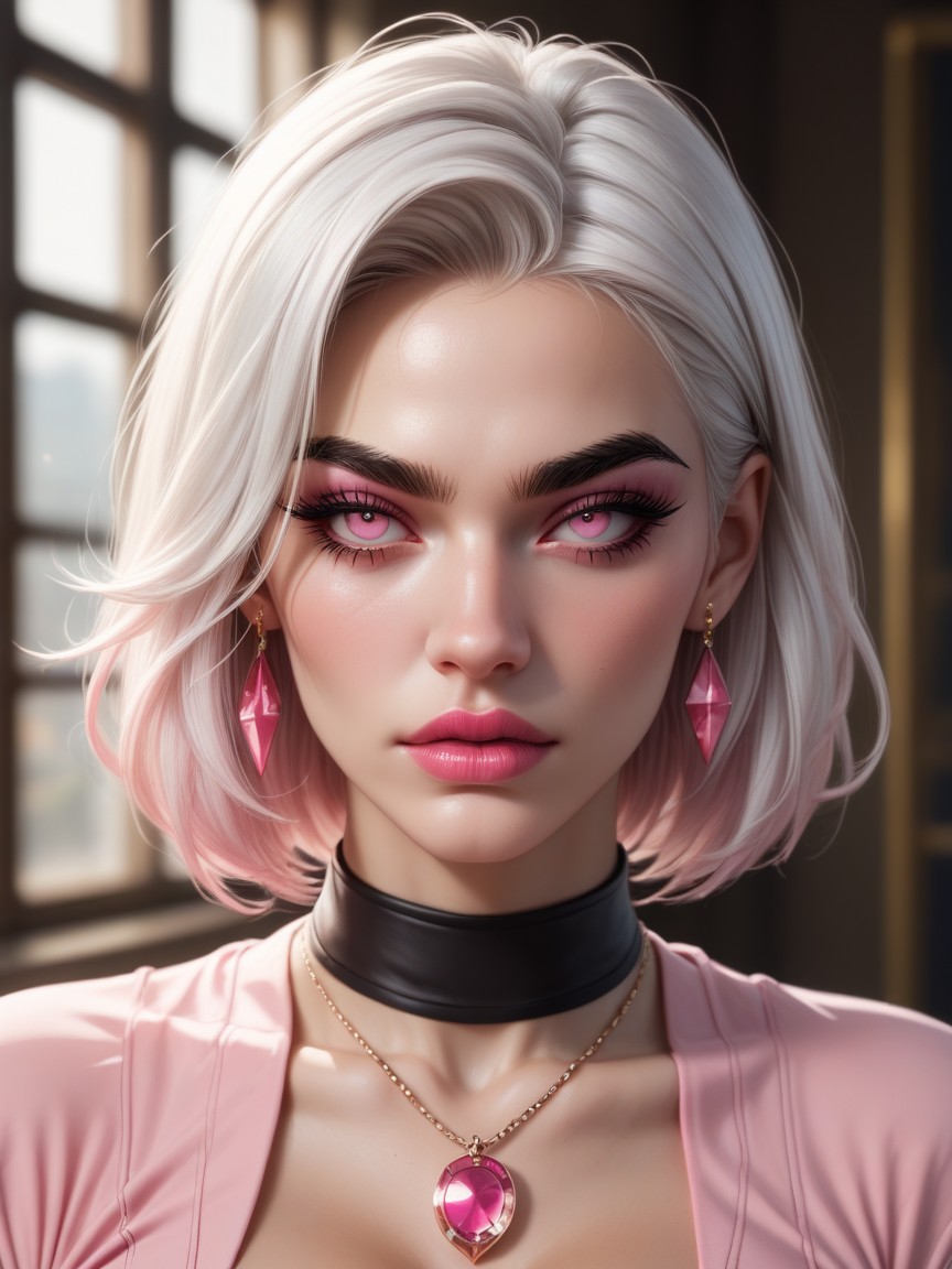 Thick Lashes, Revealing Pink Outfit, Accentuated Make-upPorno IA