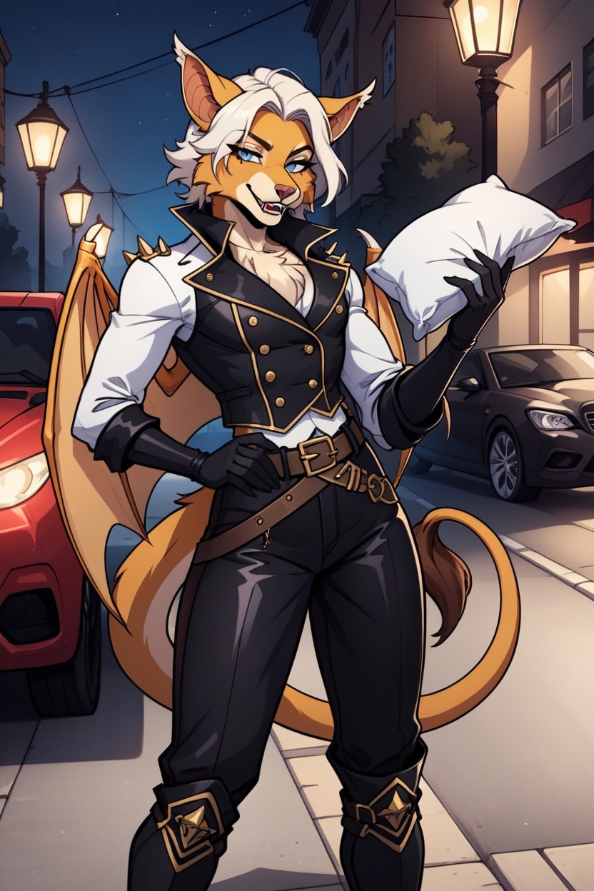Grinning, Elbow Length Black Leather Rogue Gloves, Twink Furry AI Porn