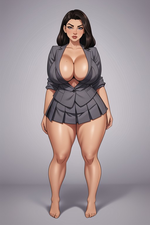 Open Stance, Thicc Juicy Curvy Thighs, Grey Suit Jacket Hentai AI Porn