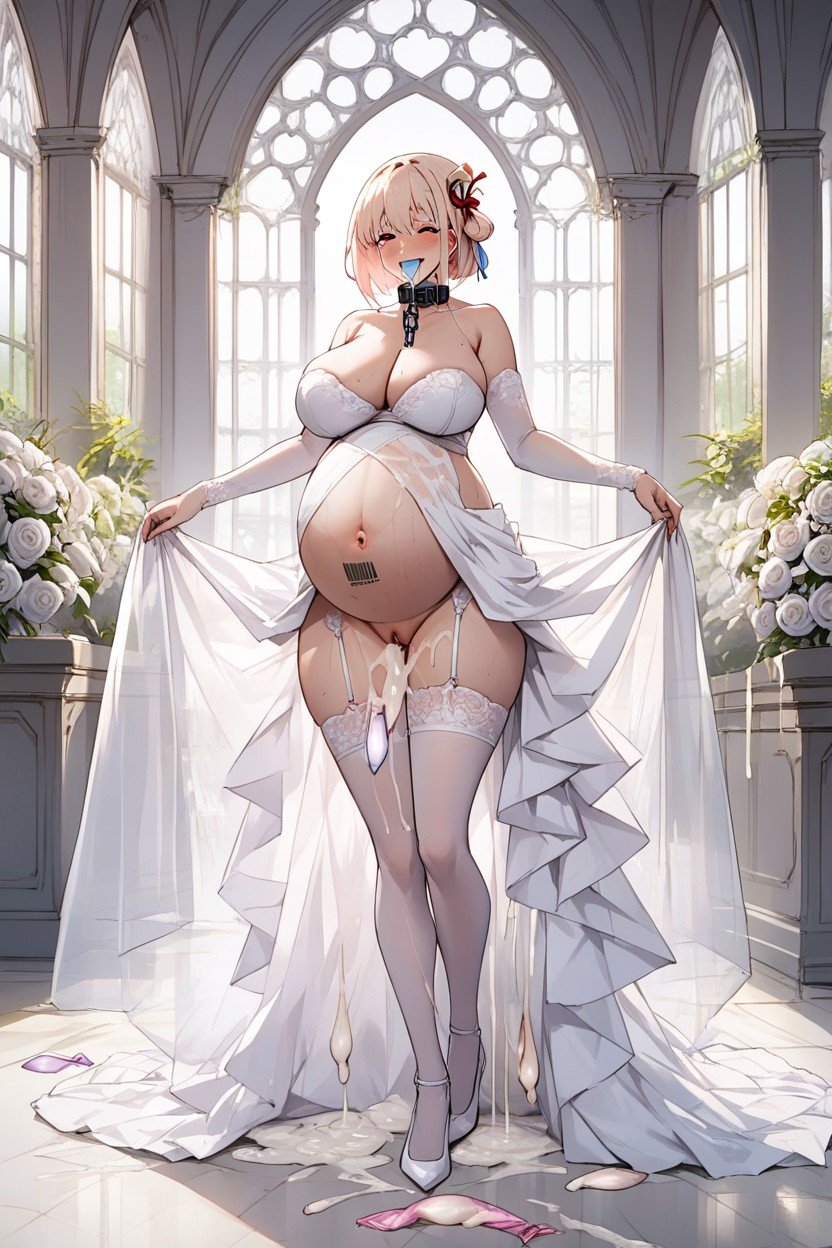 Wedding, Wide Gigantic Pregnant Belly With Veins, Weding Dress AI Porn