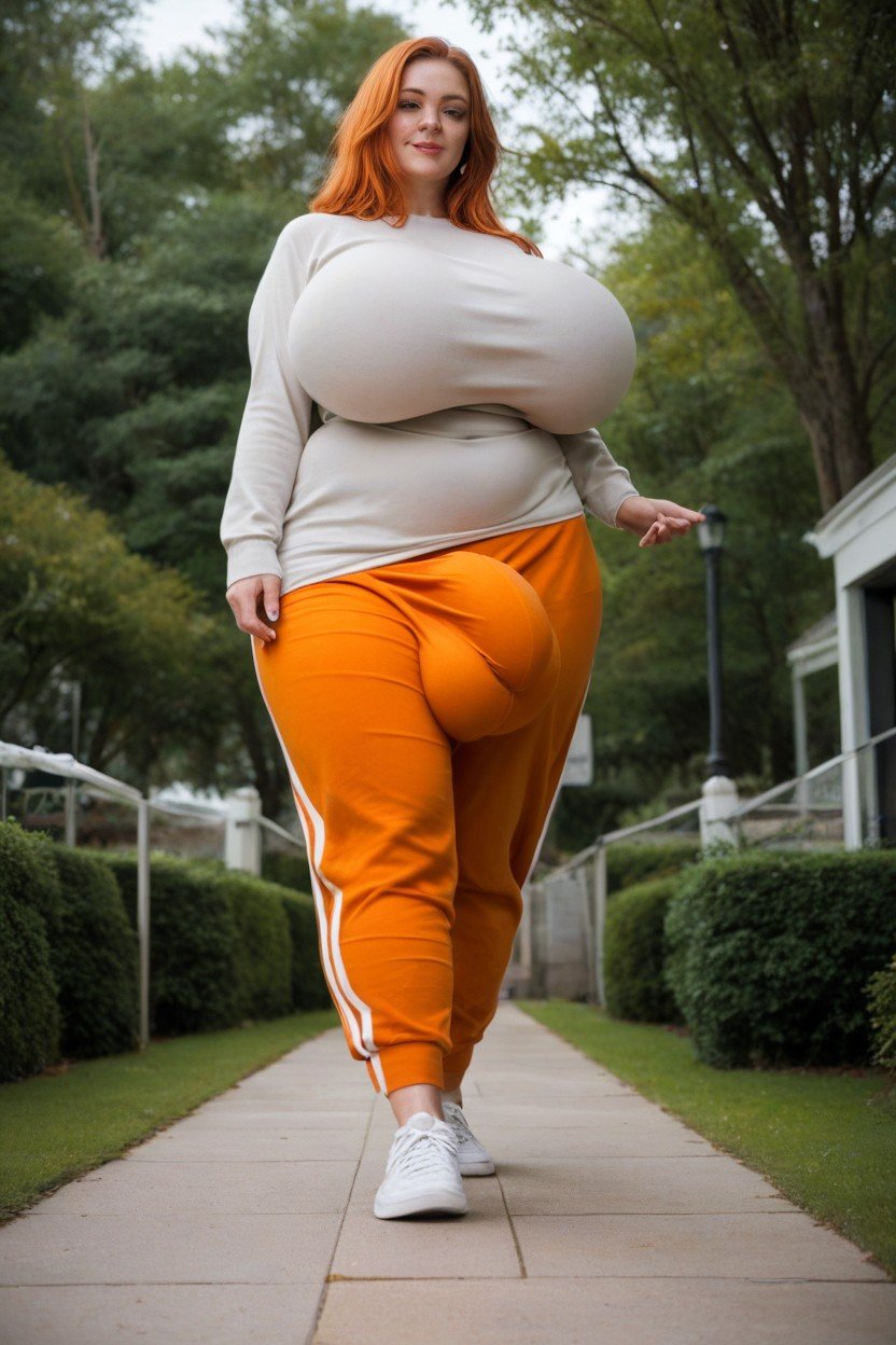 Orange Loose Fitting Sweatpants, Pullover, Massive BulgePorno IA transsexuelle