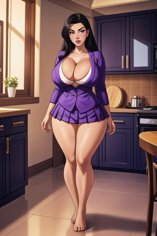 Looking At Camera, Deep Cleavage, Purple Pleated Miniskirt Hentai IA