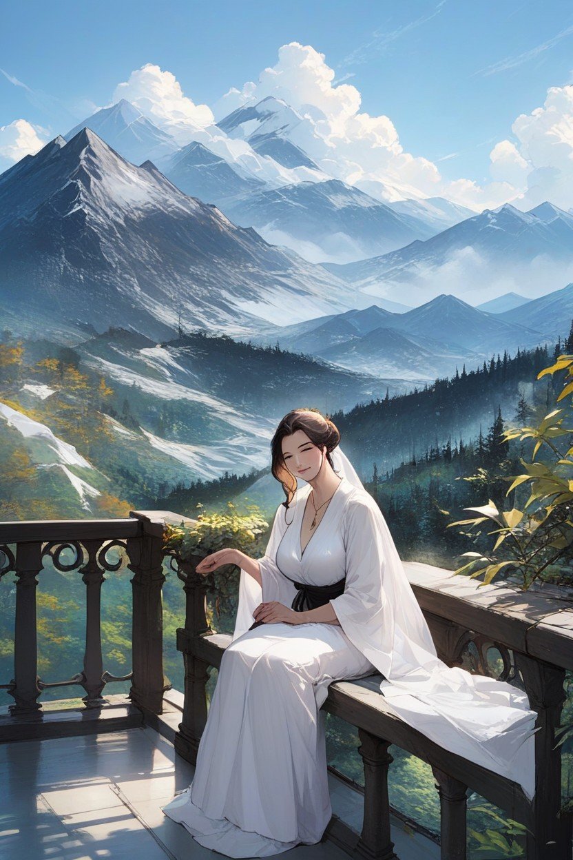 Photorealism Movement Queen Sitting On A Balcony Looking Out At Mountains And Forest Фурри AI порно