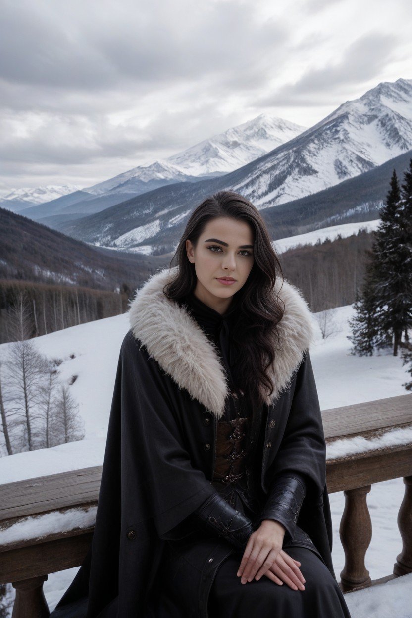 On The Eye, Photorealism Movement Queen Sitting On A Balcony Looking Out At Mountains And Forest, Ojos RoradosPorno AI