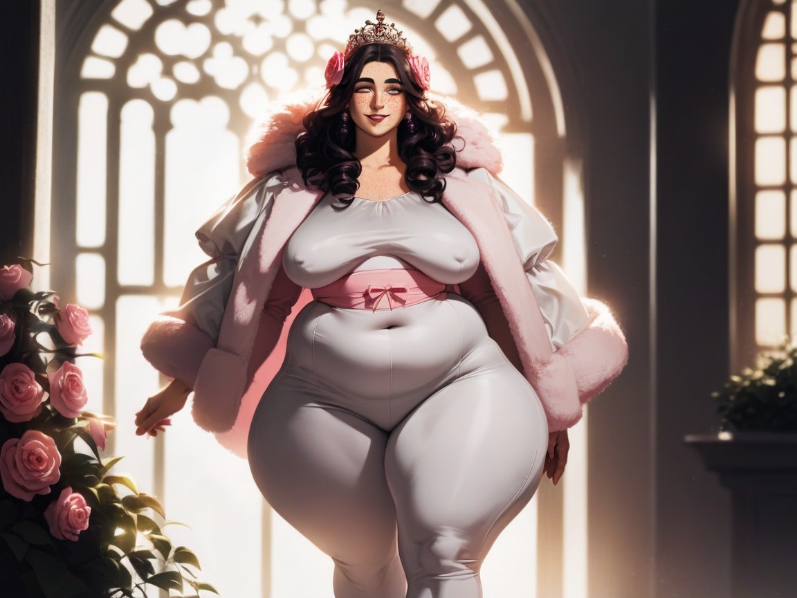 White Fur Scarf, Pink Parasol, Yellow Light Tan Skin Hentai AI Porn