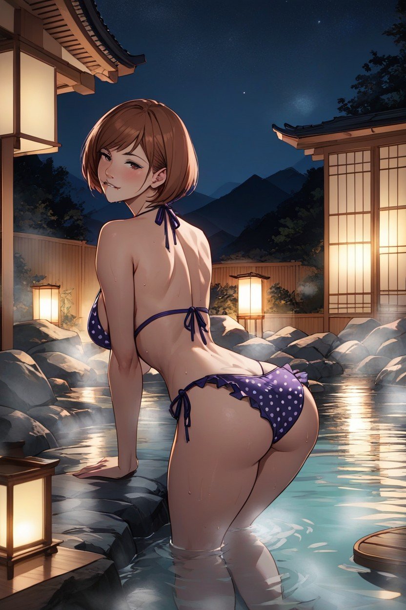 Onsen, Night, Polka Dot Bikini Furry AI Porn