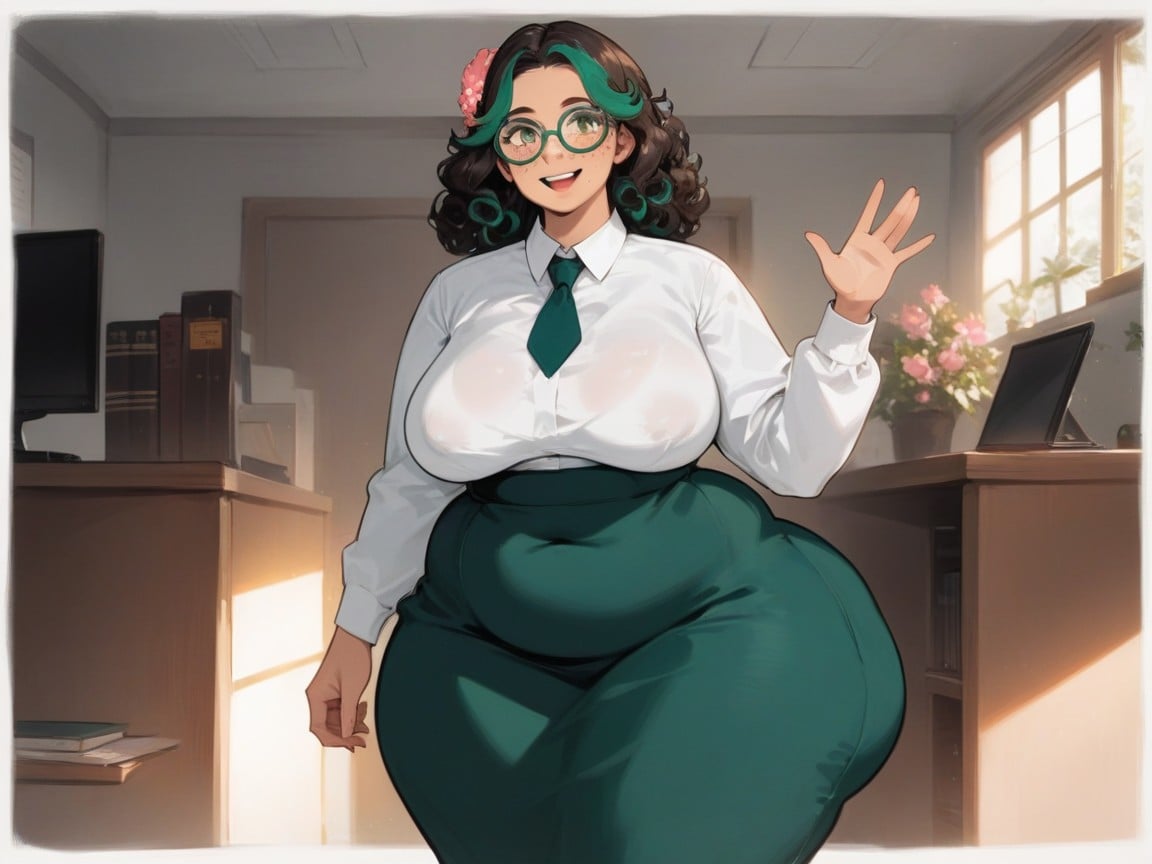 Freckles, Woman Waving At Viewer, Nerd Hentai AI Porn