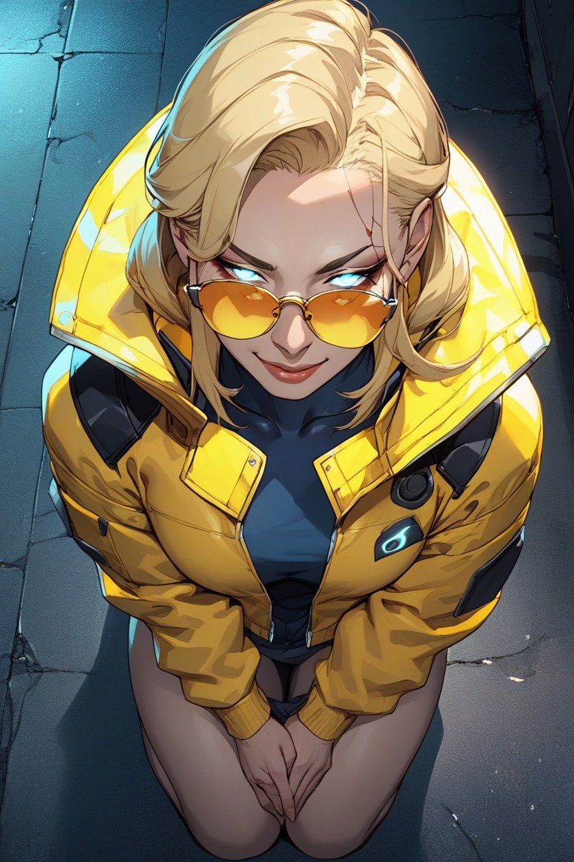 Japanese Woman Long Straight Blonde Hair Futuristic Yellow Sunglasses Cyberpunk Jacket With Glowing Lines Smile Cyberpunk City At Night, Kneeling, Touching Face AI Porn