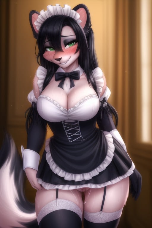 French Maid, Female Skunk, Digitigrade Legs Furry AI Porn