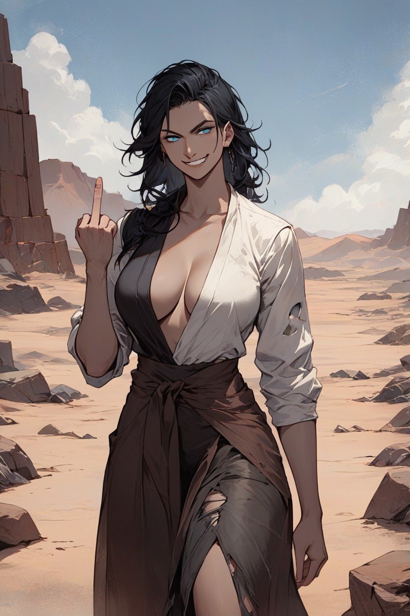 Women One Woman Wasteland Fallout Raider Plunderer Punk Black Hair Blue Eyes Ripped Ragged Skirt, Sonrisa Burlona, Levantando El Dedo MedioPorno AI Furry