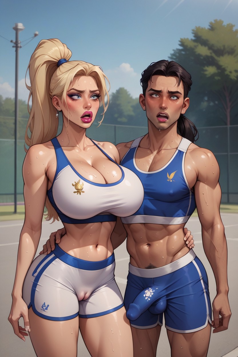 Front View Of Man Standing, Huge Cleavage, Perfect Body AI Porn
