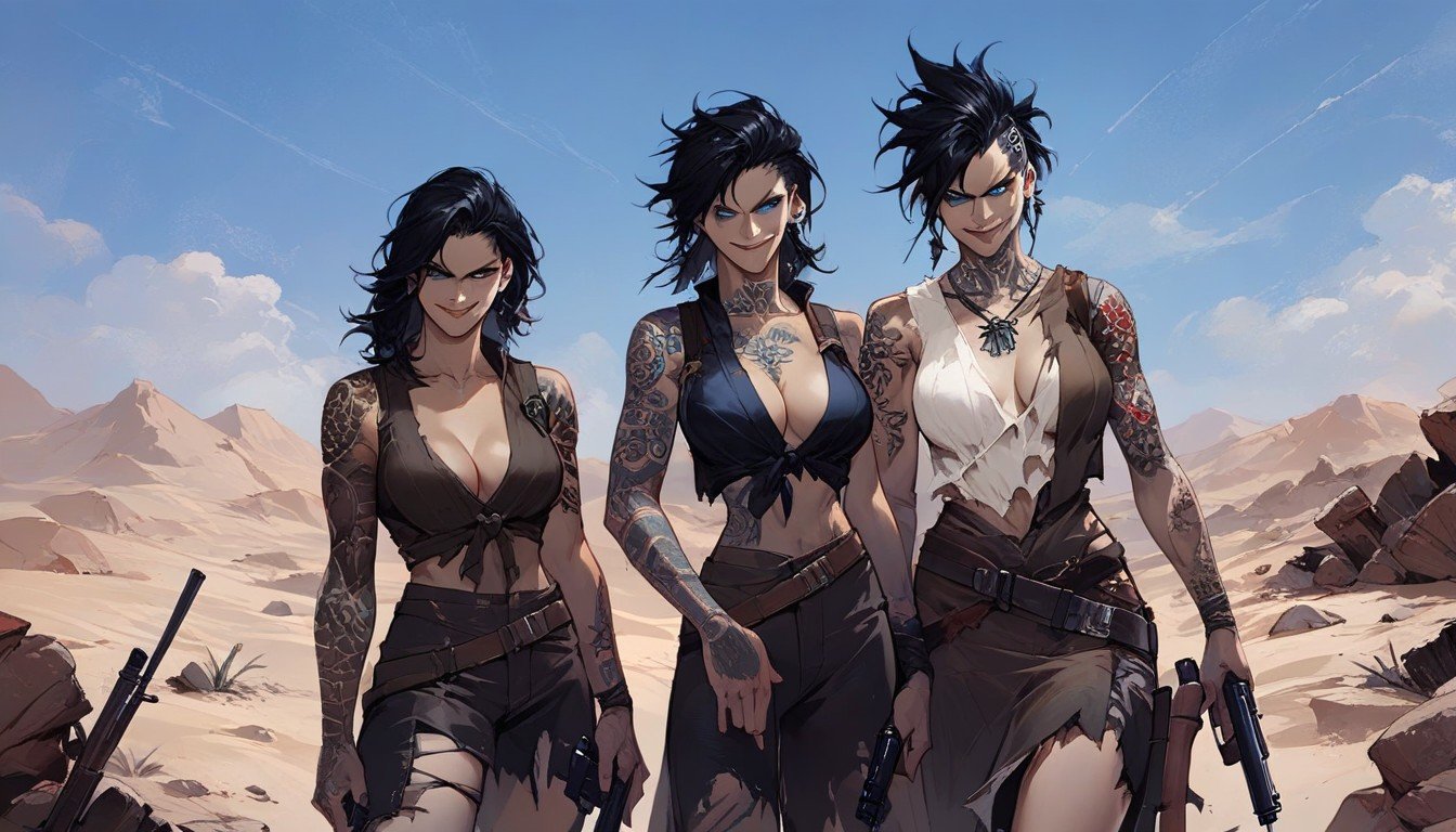 Smirk, Women One Woman Wasteland Fallout Mad Max Raider Plunderer Punk Black Hair Blue Eyes Ripped Ragged Skirt Shotgun, Tattoo Furry AI Porn