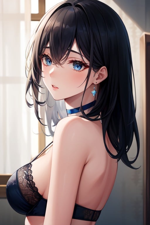 Asian Descent, Average Sized Ass, Blue Choker On Her Throat And Wears Blue LingeriePorno AI