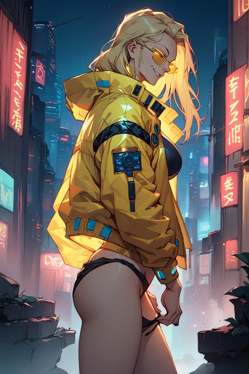 Eyes Half Closed, Removing Panties, Japanese Woman Long Straight Blonde Hair Futuristic Yellow Sunglasses Cyberpunk Jacket With Glowing Lines Smile Cyberpunk City At Night AI Porn