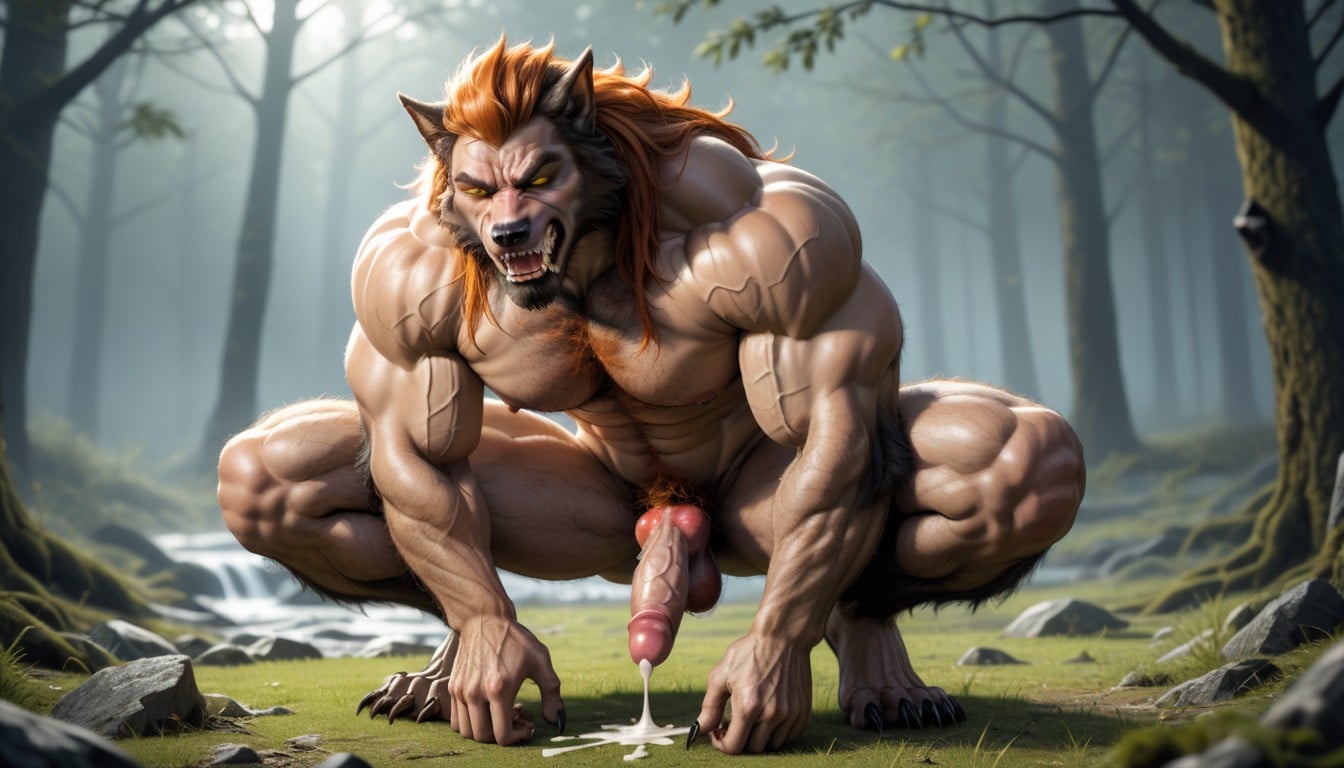 Giant Strong Muscular Werewolf Furry Anthropomorphic, 오르가슴, 근육질 체형 게이 AI 야짤