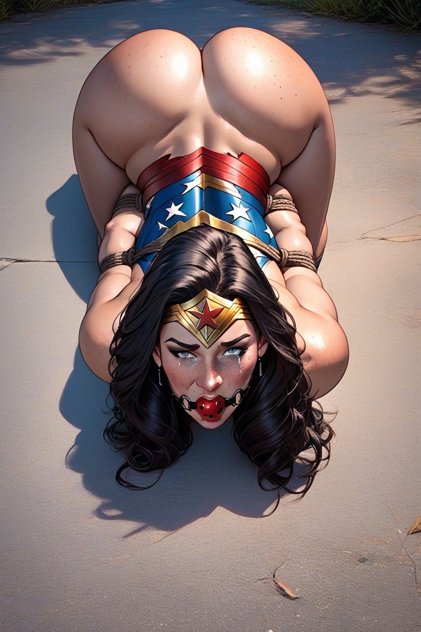 Her Wonder Woman Costume Torn, Naked With Her Arms Tied Behind Her Back And A Ball Gag, While She Is Fucked In The Ass By A Fat BastardAI 포르노