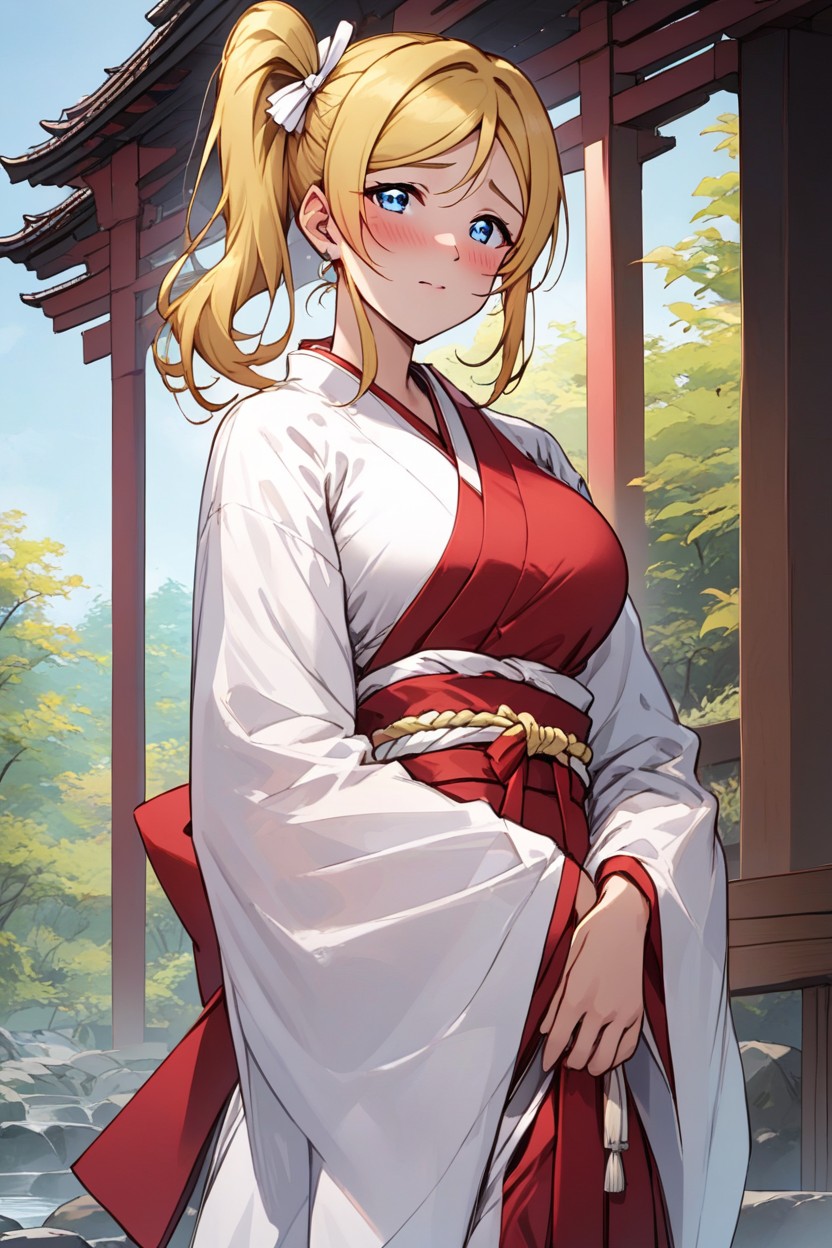 Standing In A Serene Shrine Setting, And Paired With A Red Hakama Skirt That Flows To Her Ankles, Eli Ayase From Love LivePorno IA