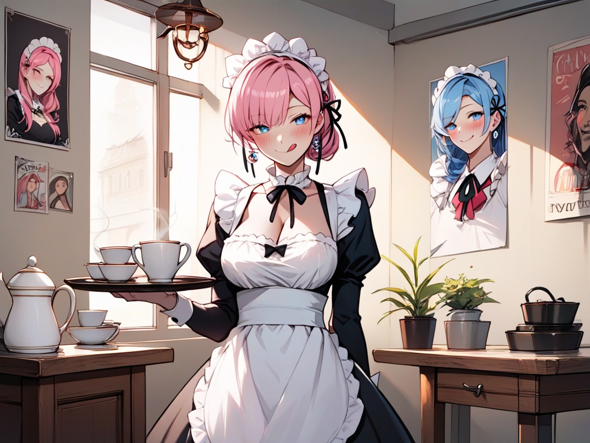 카페, Blue Haired Rem, Pink Haired Rum헨타이 AI 포르노