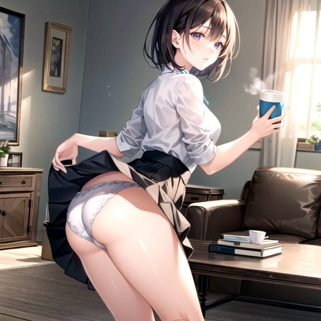 18+, A Graceful Wearing A White Frilly Blouse And A Flared Skirt Turning His Back Lifting His Skirt Up To Expose His White Panties, Petite PoitrinePorno IA