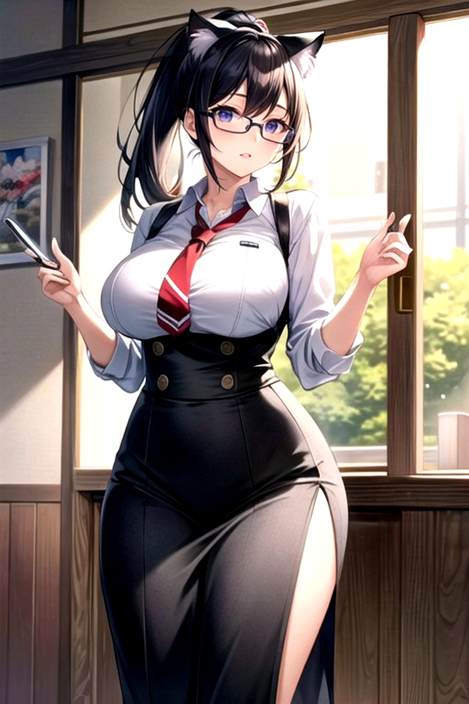 Glasses, Cat Ears, Ponytail Hentai AI Porn