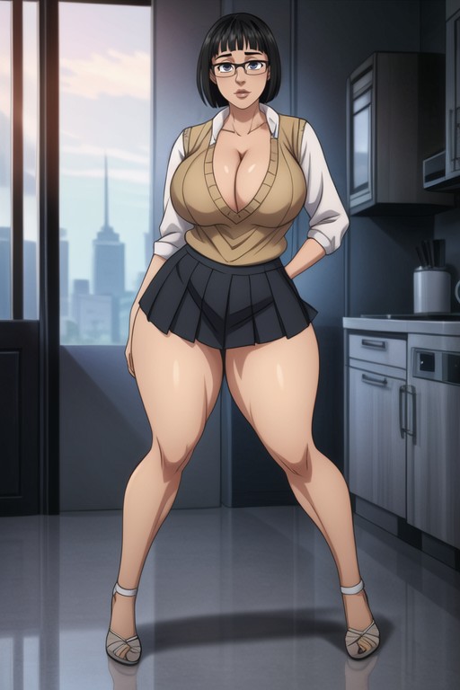 Ultra Realistic Woman, Grey Miniskirt, Deep Cleavage Hentai AI Porn