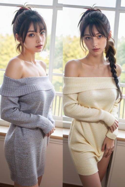 Model, 전망이 있는 창문, Low PonytailAI 포르노