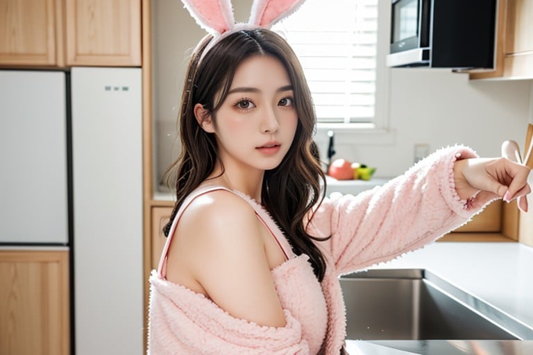 Woman Lies On Left Side, Pink Bunny Costume, Full Body Selfie아시아 AI 포르노