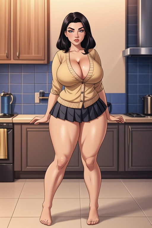 Kitchen, Cream Cardigan, Massive Huge Gigantic Breasts Hentai AI Porn