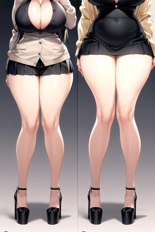 Grey Pleated Miniskirt, Open Stance, Legs Wide Apart Hentai AI Porn
