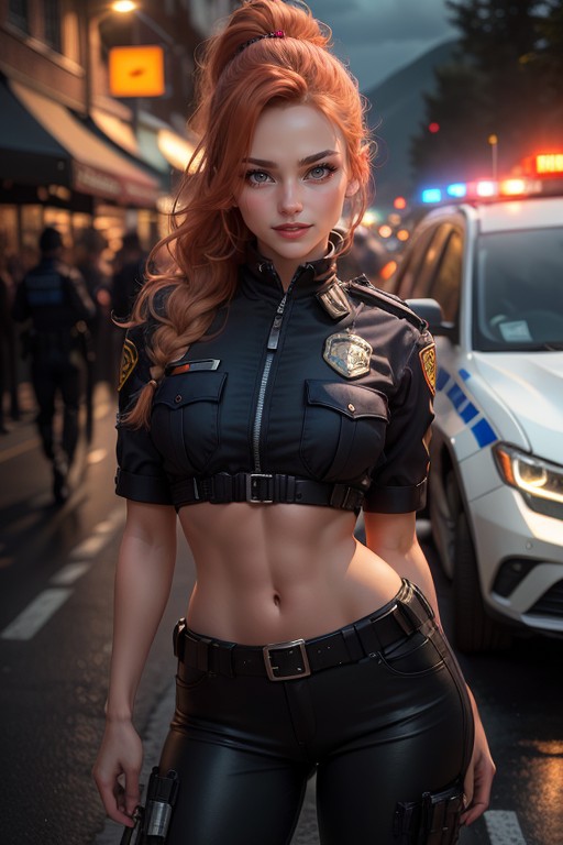 Profesional Model Sexy Posing, Police Tactical Uniform, Red Shiny LipstickPorno AI Hentai