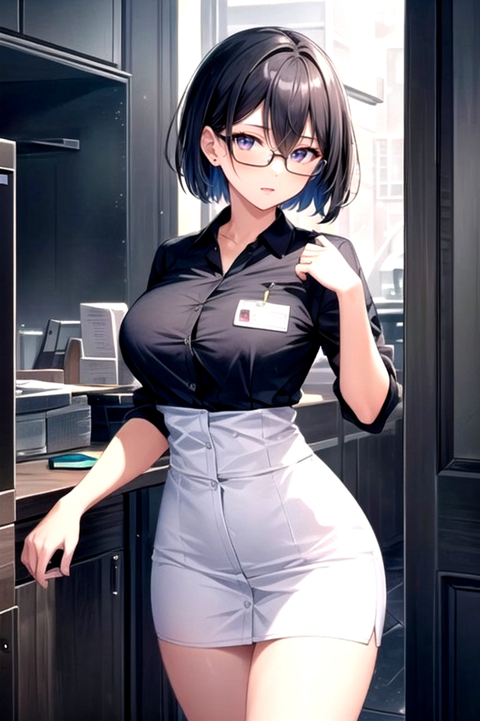 Office Shirt, Black Hair, Mini Skirt Shemale AI Porn