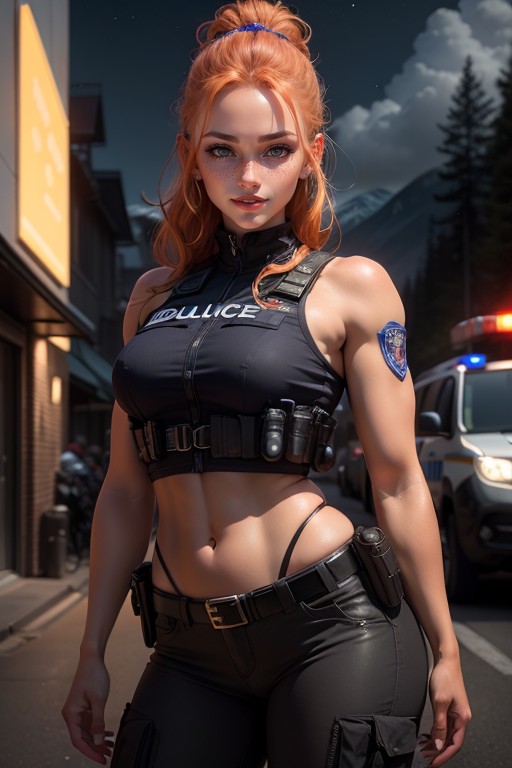 Dark Brown Eyes, Police Tactical Vest, Red Shiny Lipstick Hentai IA pornografia