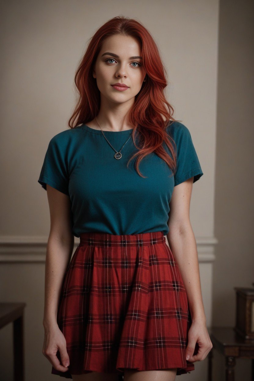 Plaid Skirt, Red Hair, Tunic Top人妖AI色情