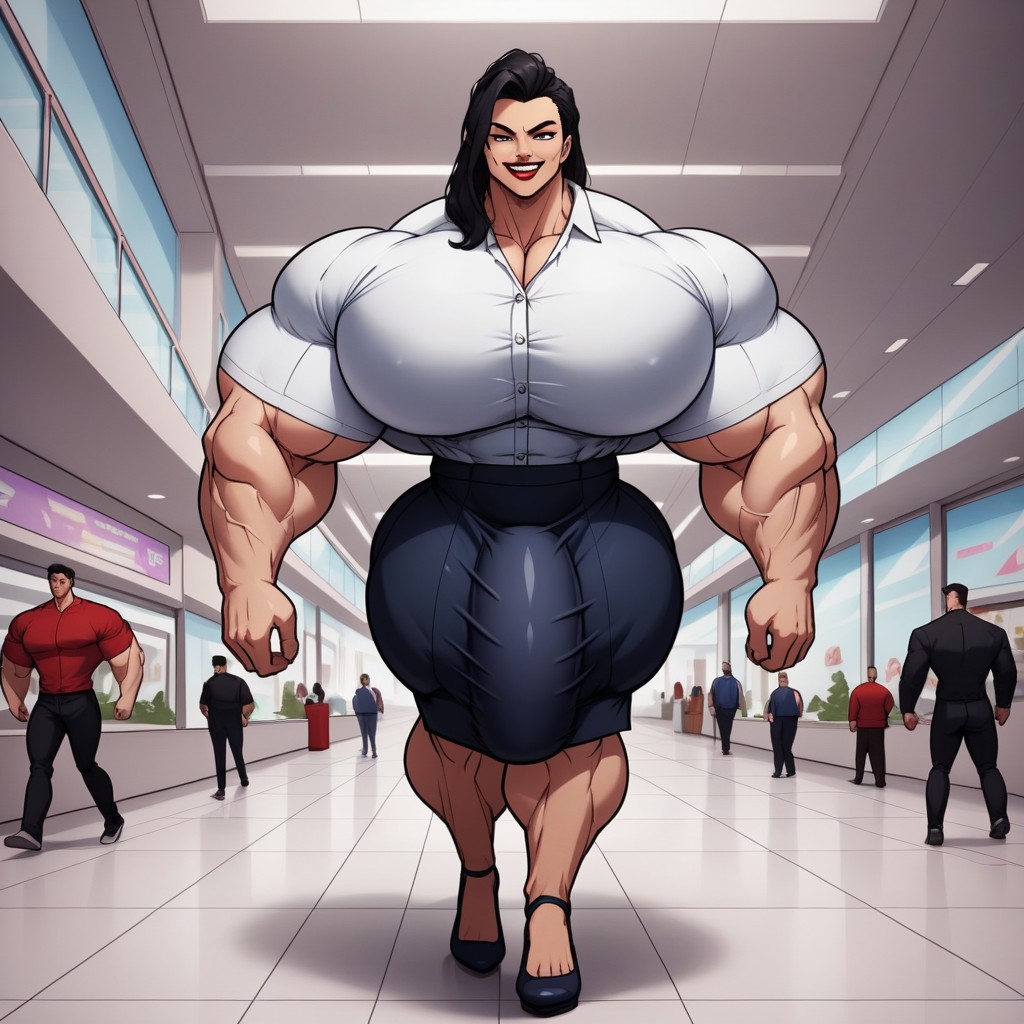 Many People Around, Hyper Gigantic Muscles, Smug Expression Shemale AI Porn