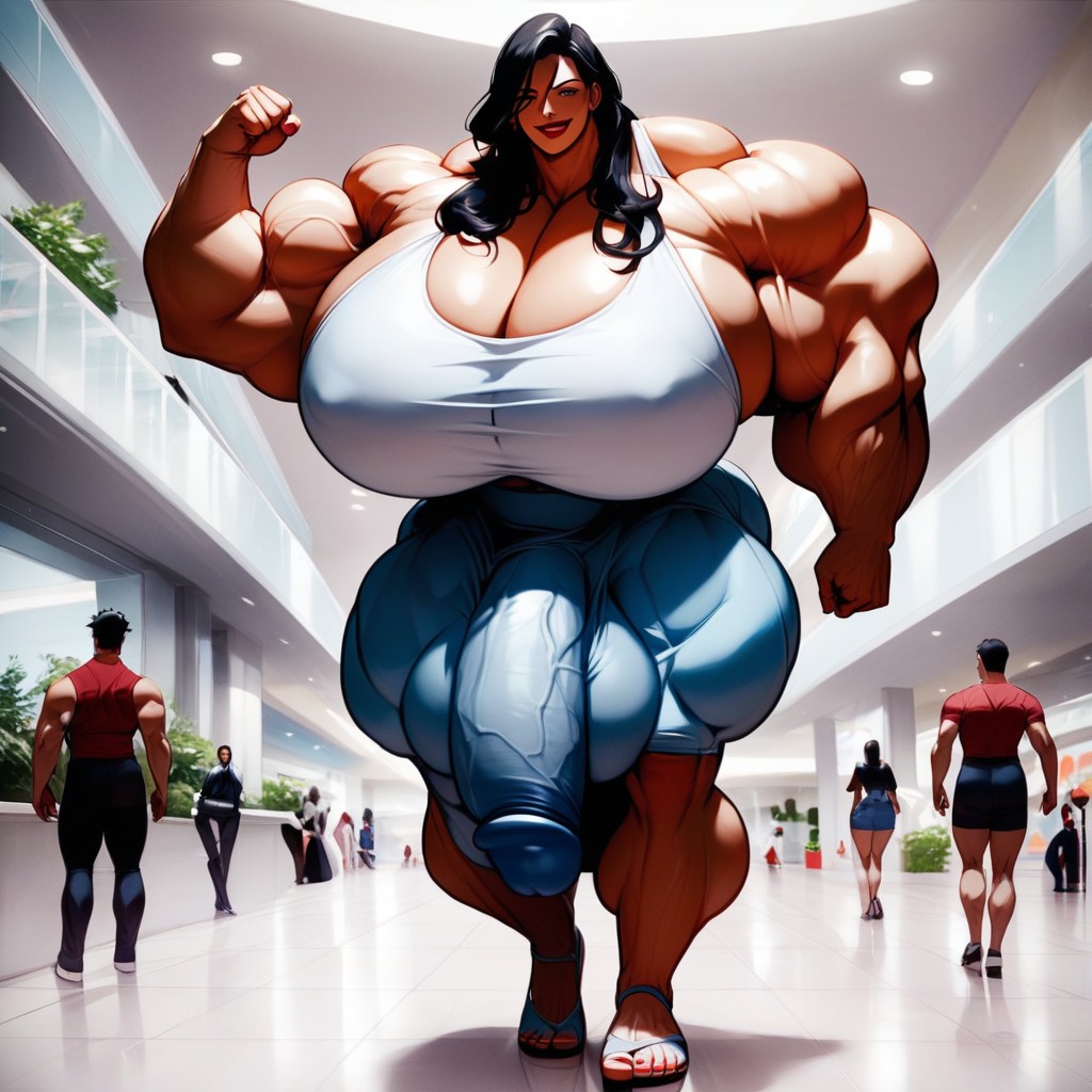 Smug Expression, Hyper Gigantic Thick Testicles, Walking Shemale AI Porn