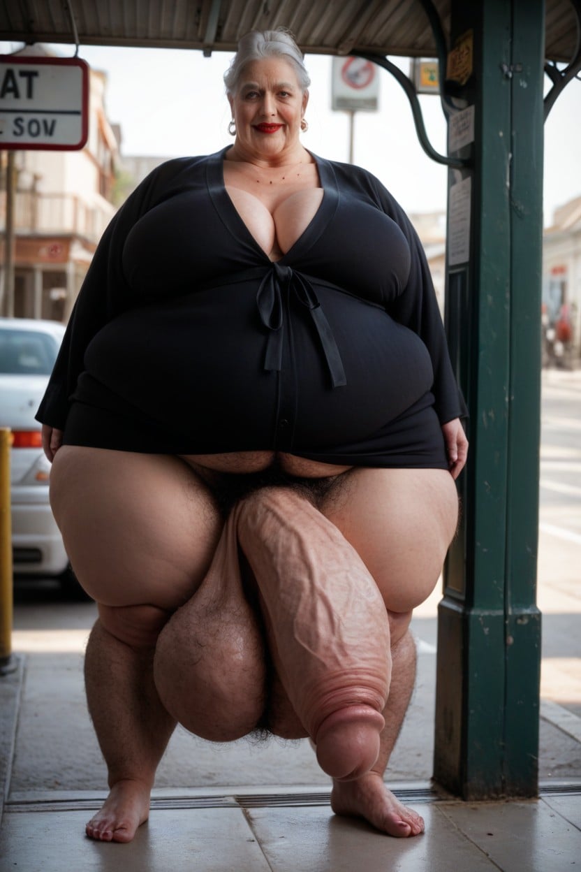 Bus Stop, Giant Tall Futanari, Bathrobe Shemale AI Porn