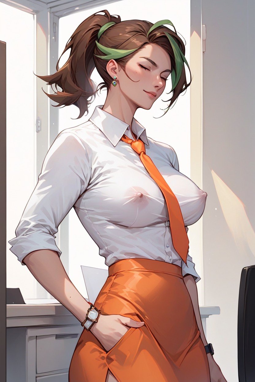 Ponytail, Medium Length, Orange NecktiePorno IA