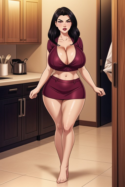 Thicc Juicy Curvy Thighs, Kitchen, Breasts Almost Spilling Out Hentai IA