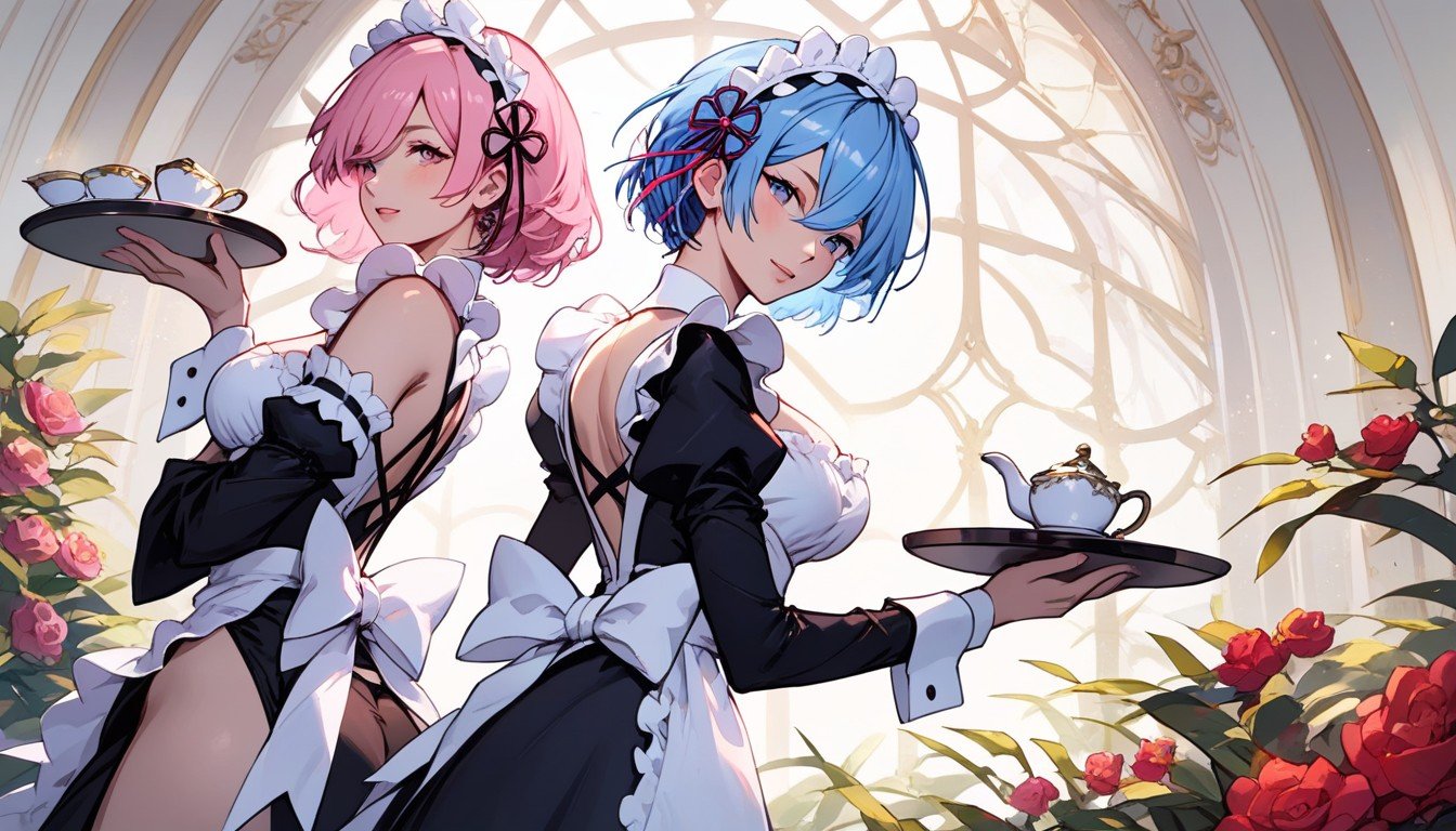 Rem With Blue Hair, Luxurious Study, Holding A Tray With A Tea Set Pornografia de IA