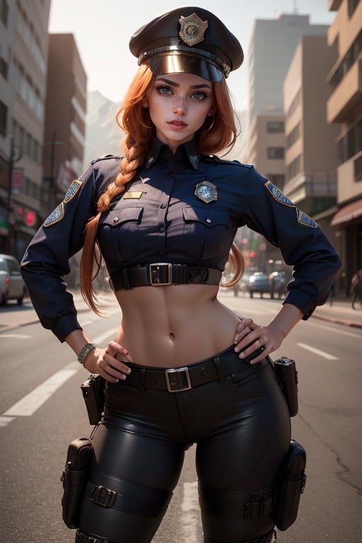 Police Tactical Uniform, Dark Brown Eyes, Light Tanned Skin Hentai AI Porn
