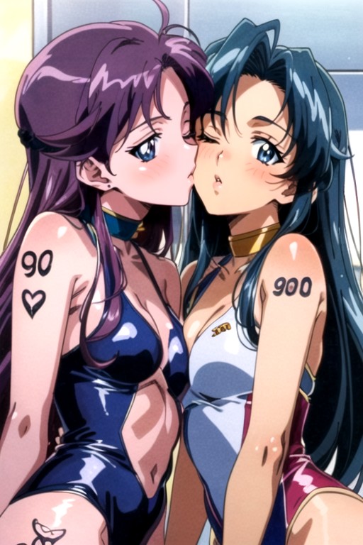 Girls Kissing, School Swim Suit, 90s Style  Hentai AI Porn