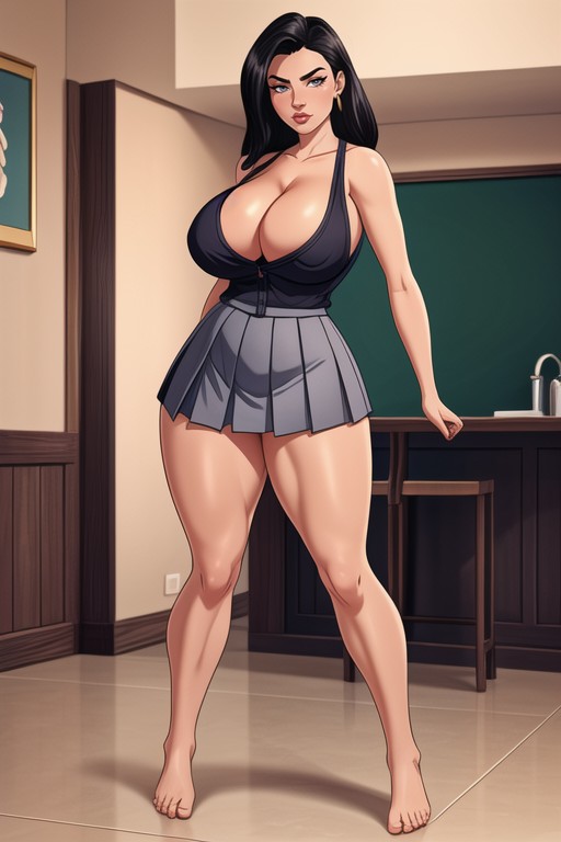 Grey Pleated Miniskirt, Barefoot, Open Stance Hentai AI Porn