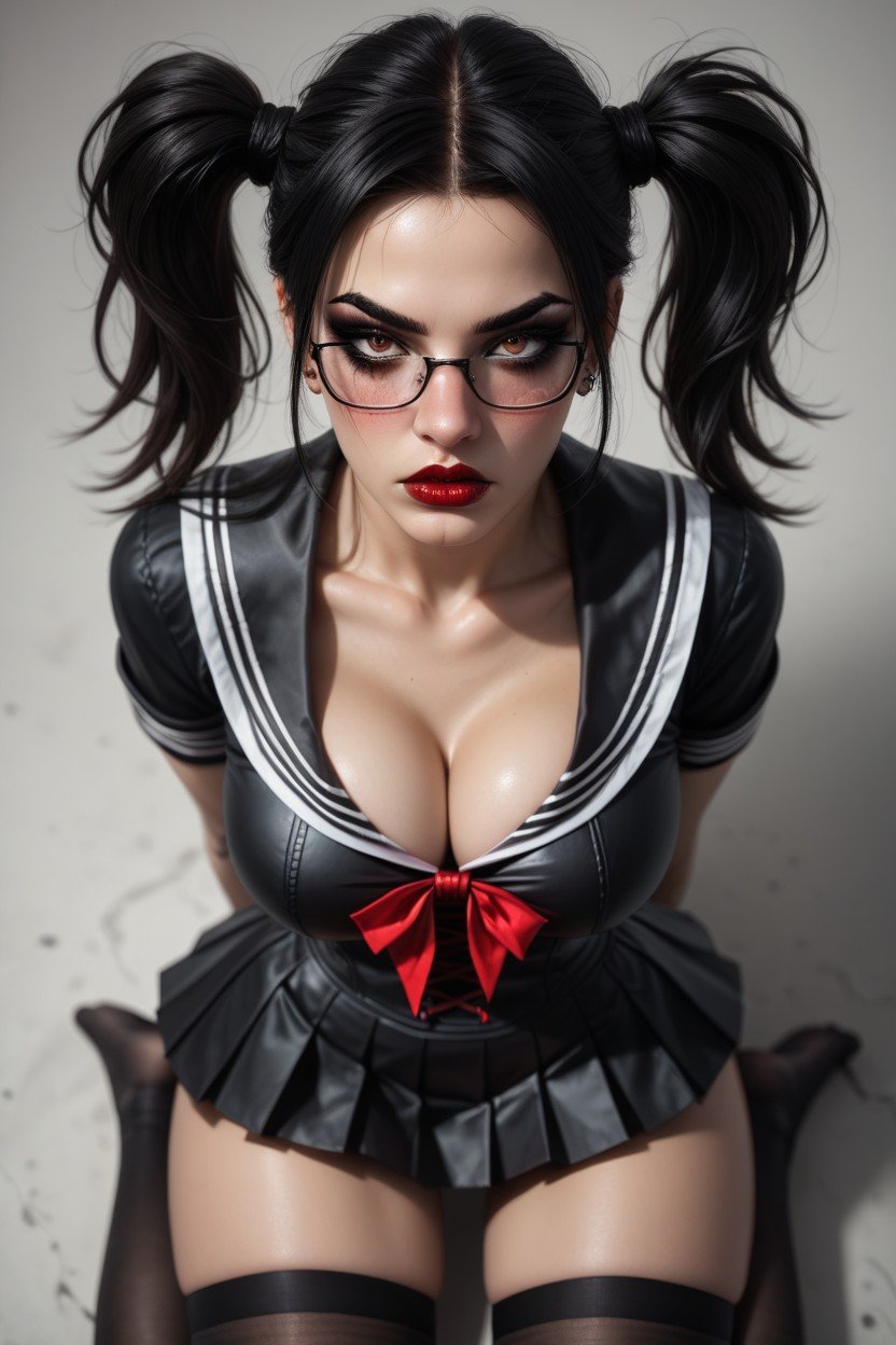 Dark Red Lipstick, Long Eyelashes, Uniforme De MarineroPorno AI