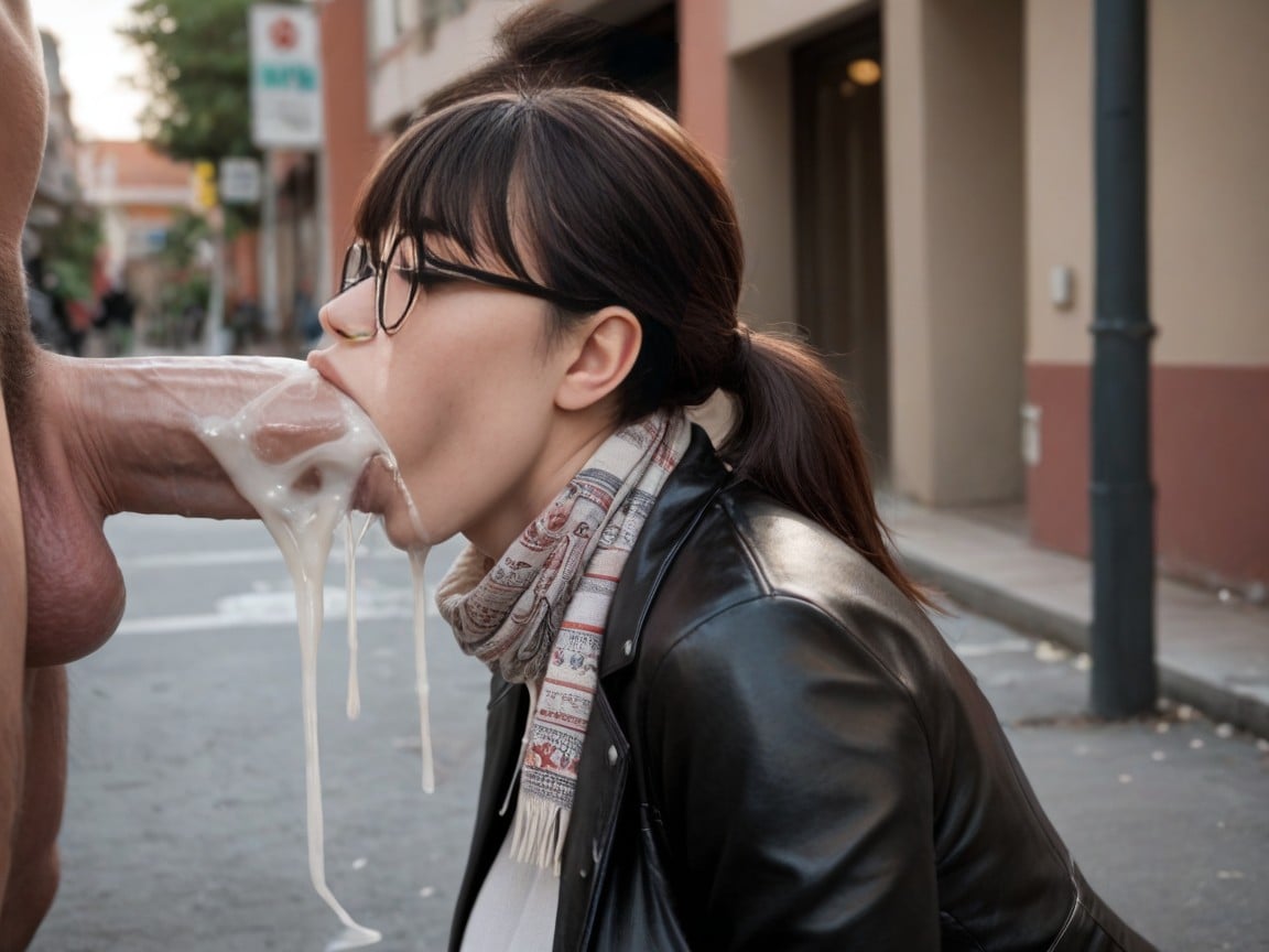 Leather Jacket, Excessive Cum On Face, Vista Lateral Pornografia de IA