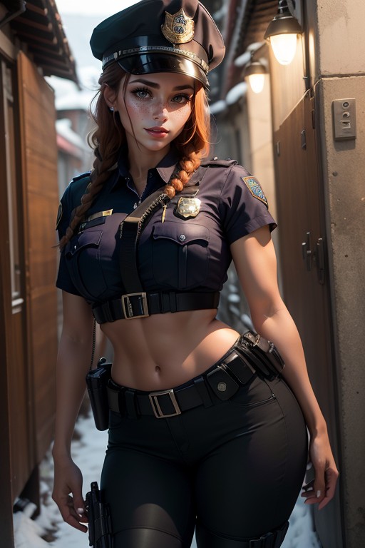 Police Woman, Long Red Hair With Orange Highlights In Ponytail And Braids, Medium Breasts Hentai AI Porn