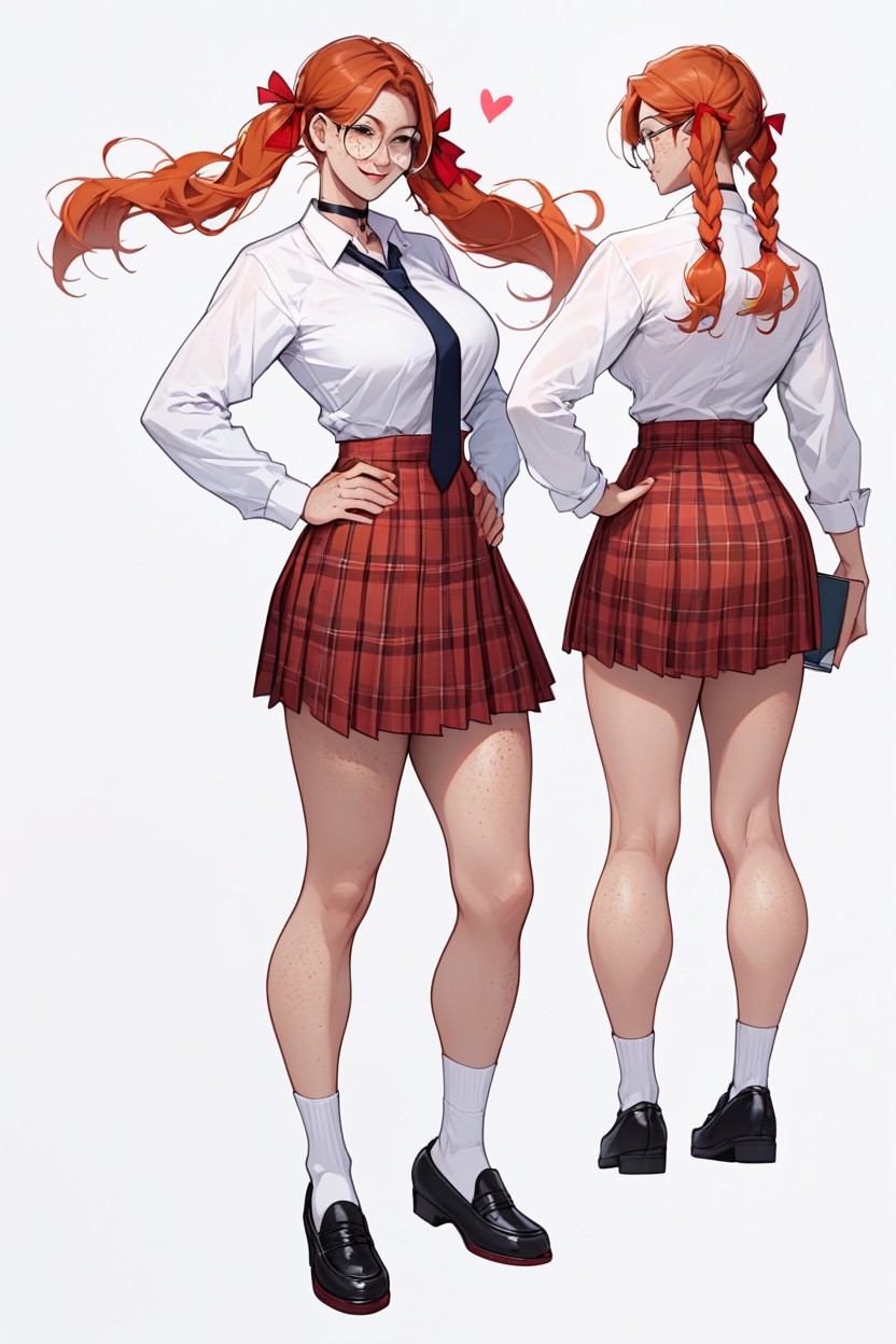 학교 유니폼, 땋은 머리, Red Plaid SkirtAI 포르노