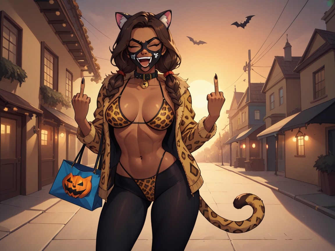 Leopard Print Cat Mask, Pigtails, Black Cat Suit AI Porn
